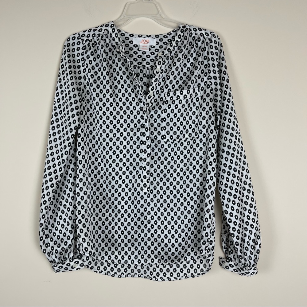 Joe Fresh white half button up long sleeve print blouse top